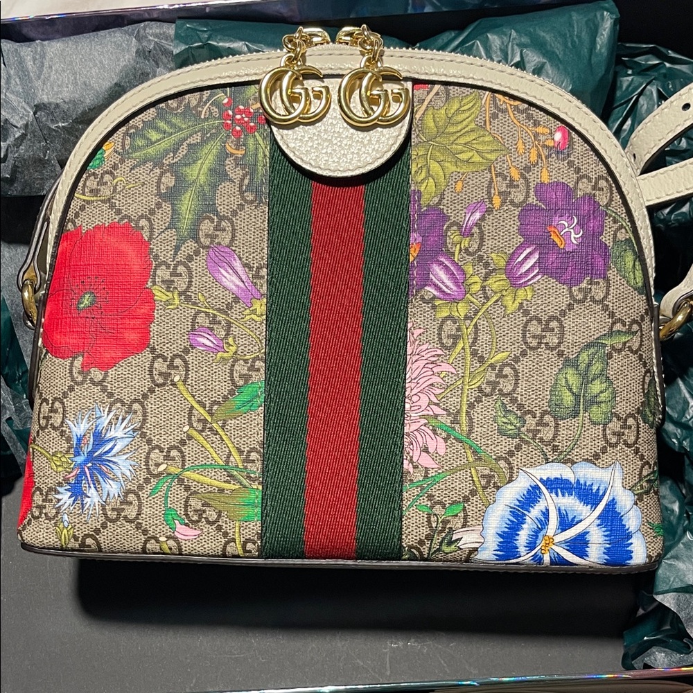 Gucci Beige Floral Crossbody Bag with Red and Green Stripe